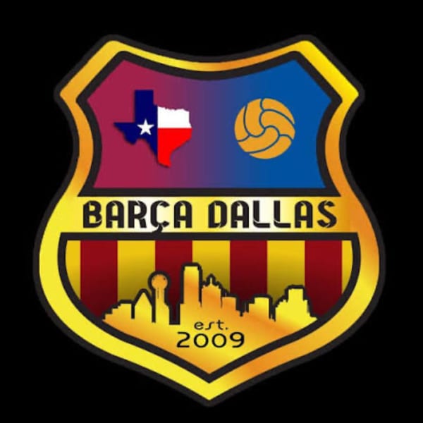 Barça Dallas soccer club logo with Texas flag, soccer ball, and Dallas skyline.