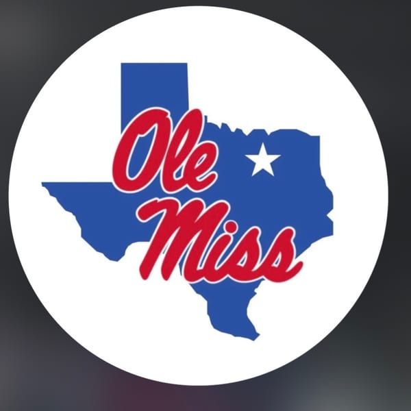 Blue outline of Texas with a white star, and "Ole Miss" in red script across it.