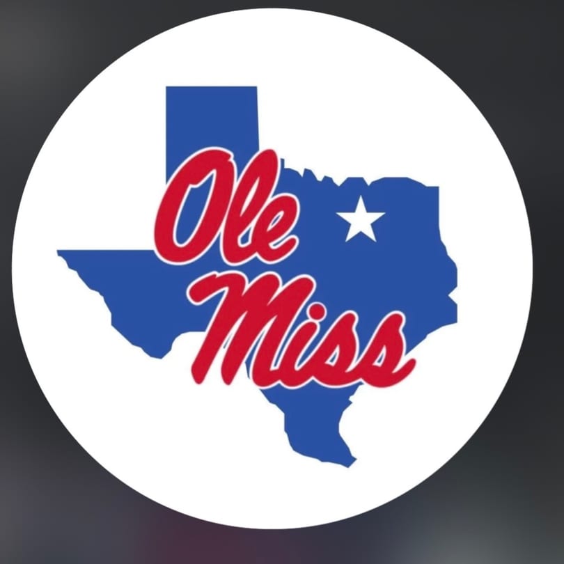 Blue outline of Texas with a white star, and "Ole Miss" in red script across it.